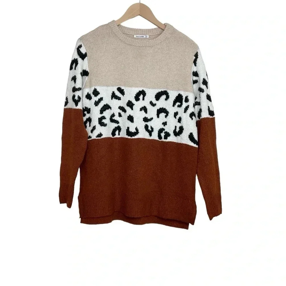 Pink Clover Animal Print Colorblock Crewneck Sweater Size Small